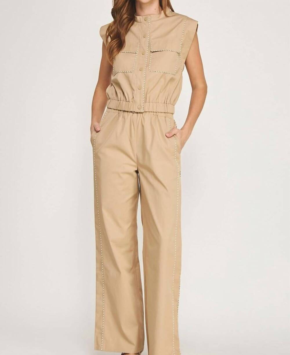 NEW STRUT & BOLT contrast piping detail wide leg pants in taupe